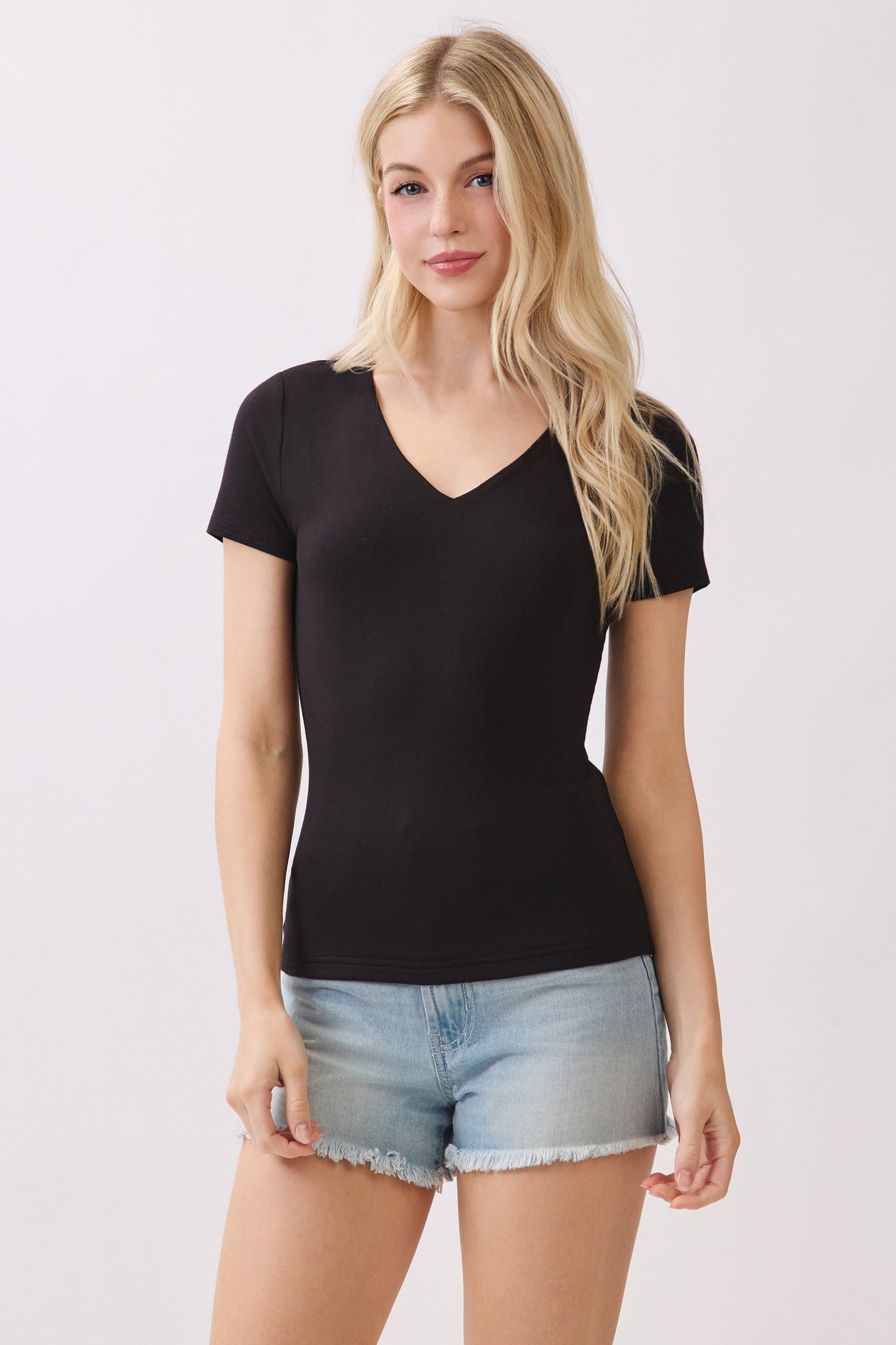 DOUBLE LAYER V-NECK SHORT SLEEVE FITTED TOP