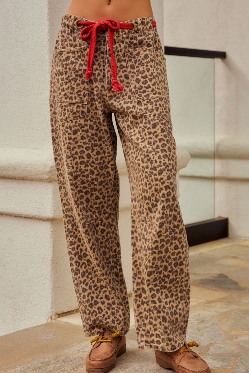 WASHED VINTAGE LEOPARD ROPE DRAW STRING PANTS