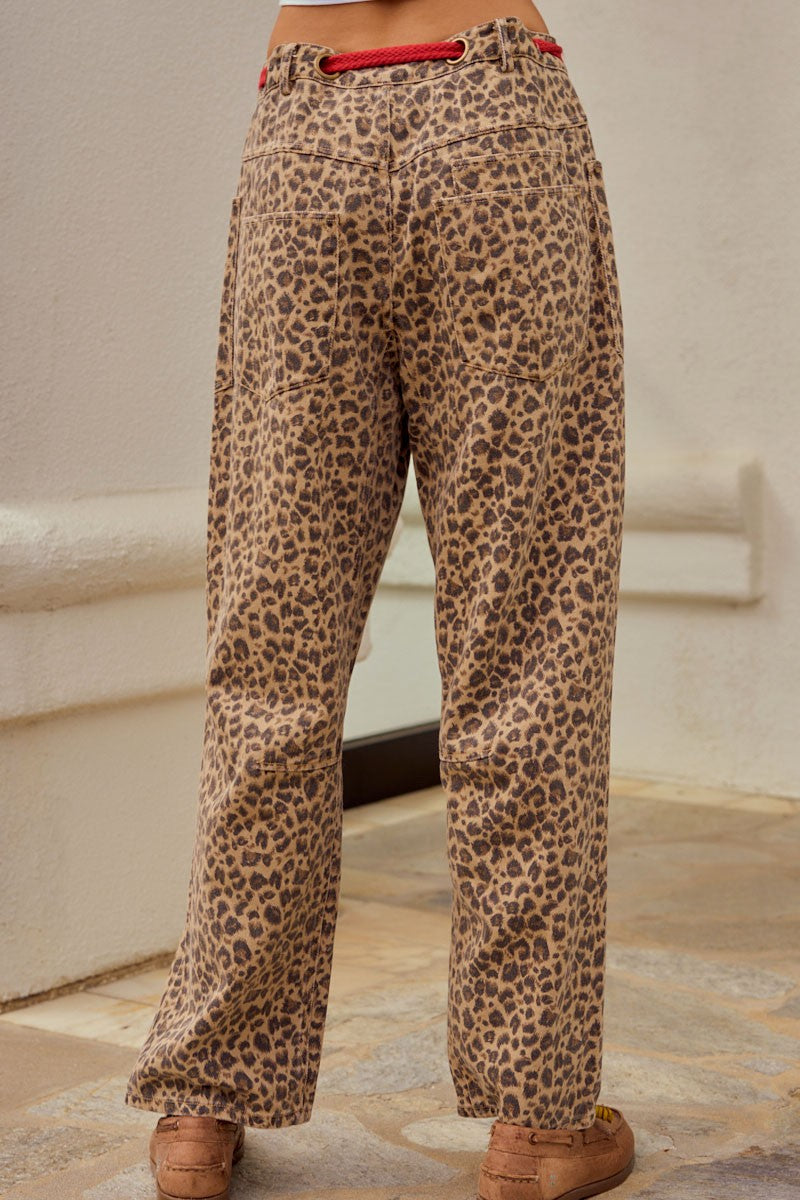 WASHED VINTAGE LEOPARD ROPE DRAW STRING PANTS