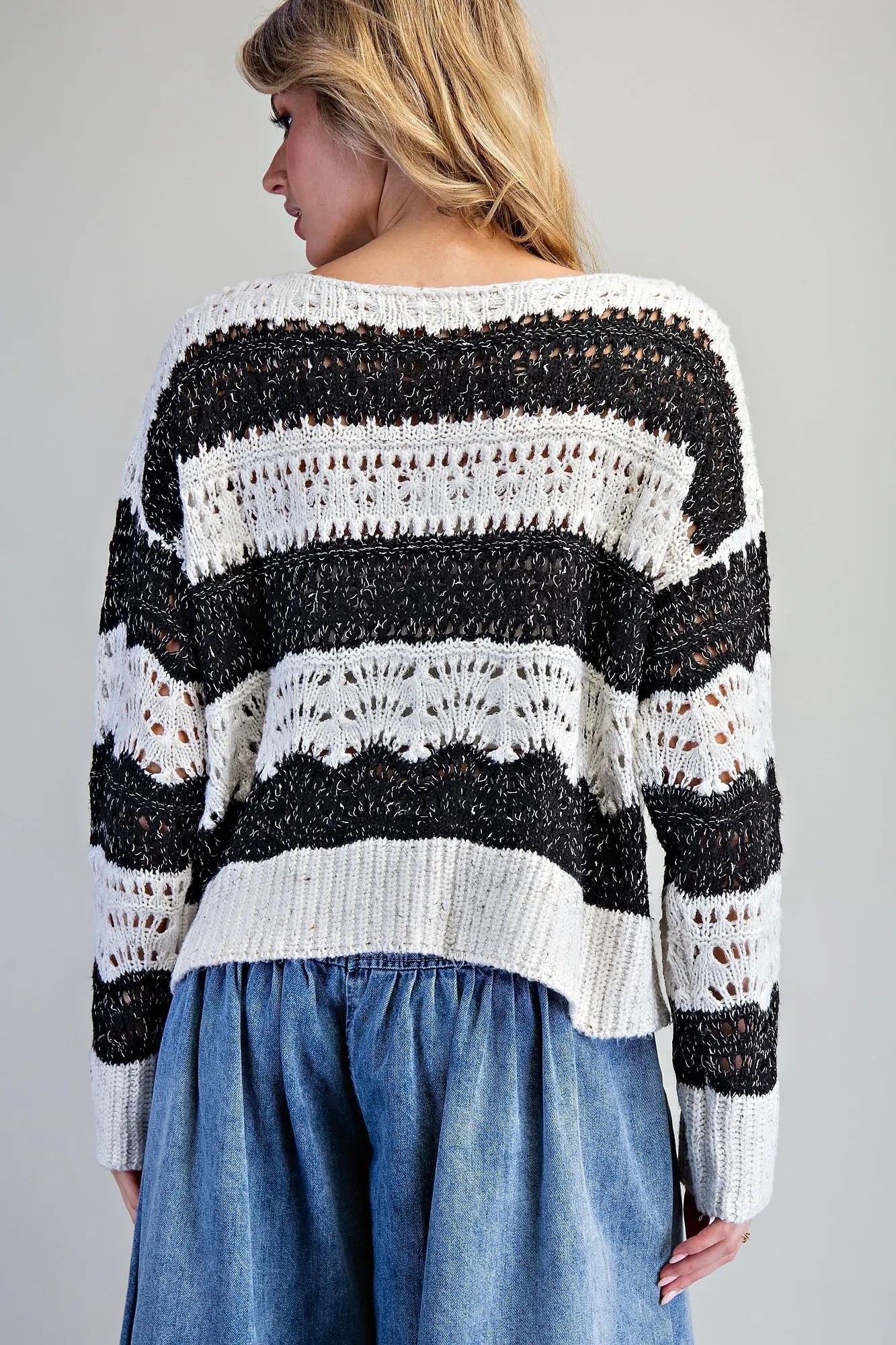 STRIPED CROCHET SWEATER WITH BOAT NECK