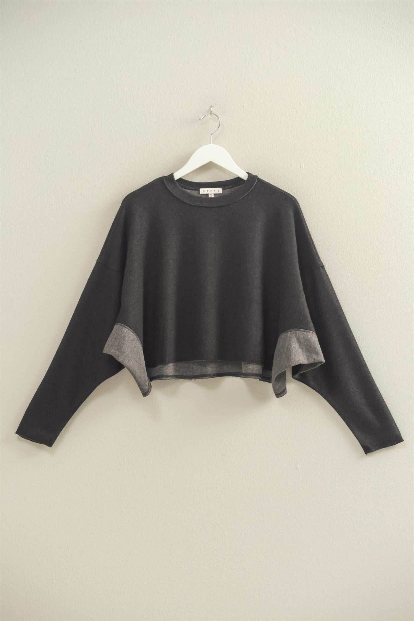 TWO TONE PULLOVER LONG SLEEVE TOP RAW EDGE