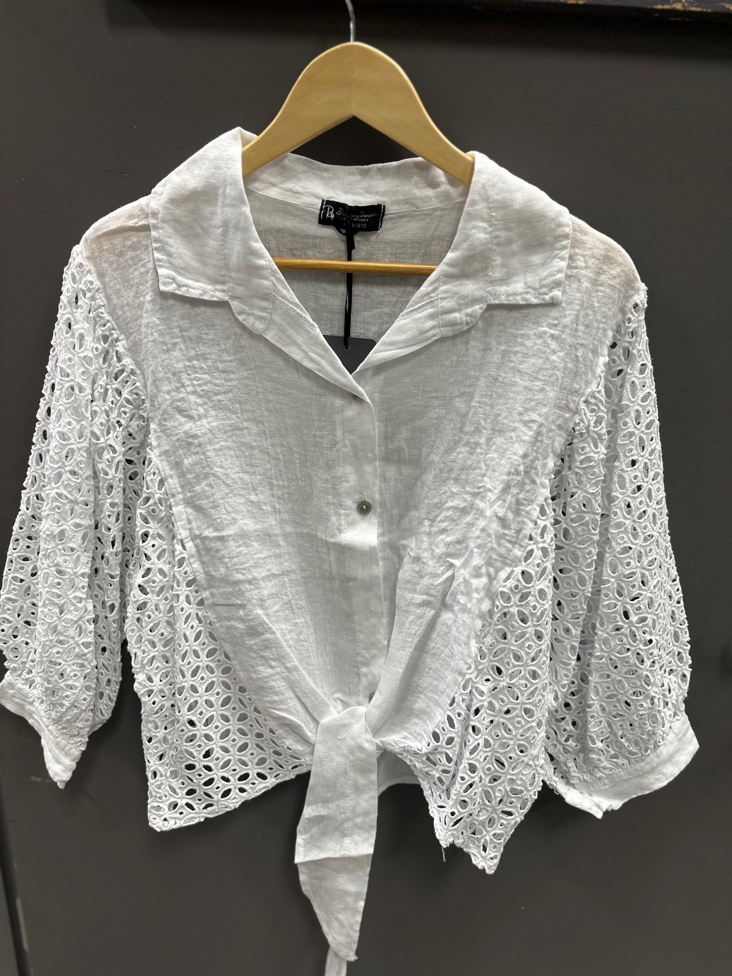 LINEN TIE FRONT LACE 3/4 LENGTH SLEEVE BUTTON DOWN TOP
