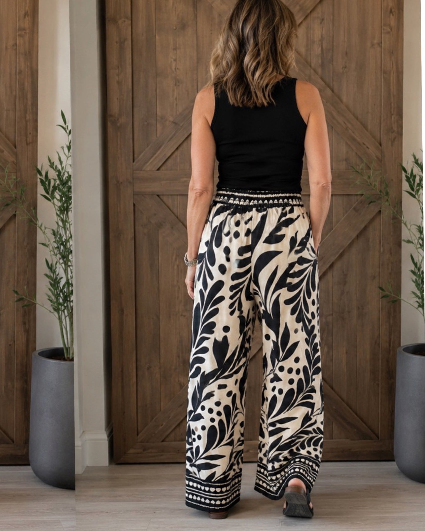 BORDER PRINT WIDE LEG PANTS