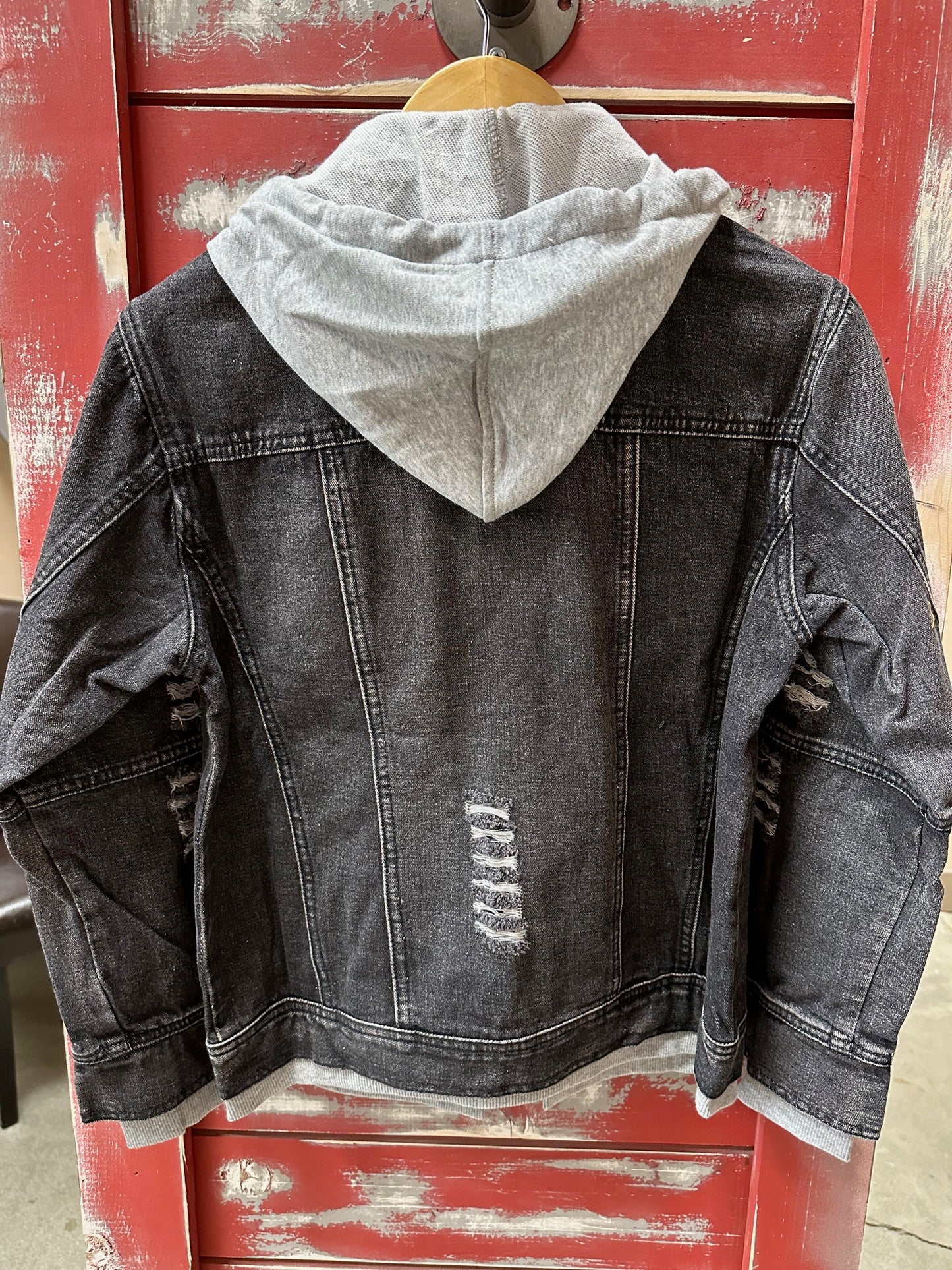 BLACK HOODED ZIP UP DENIM JACKET