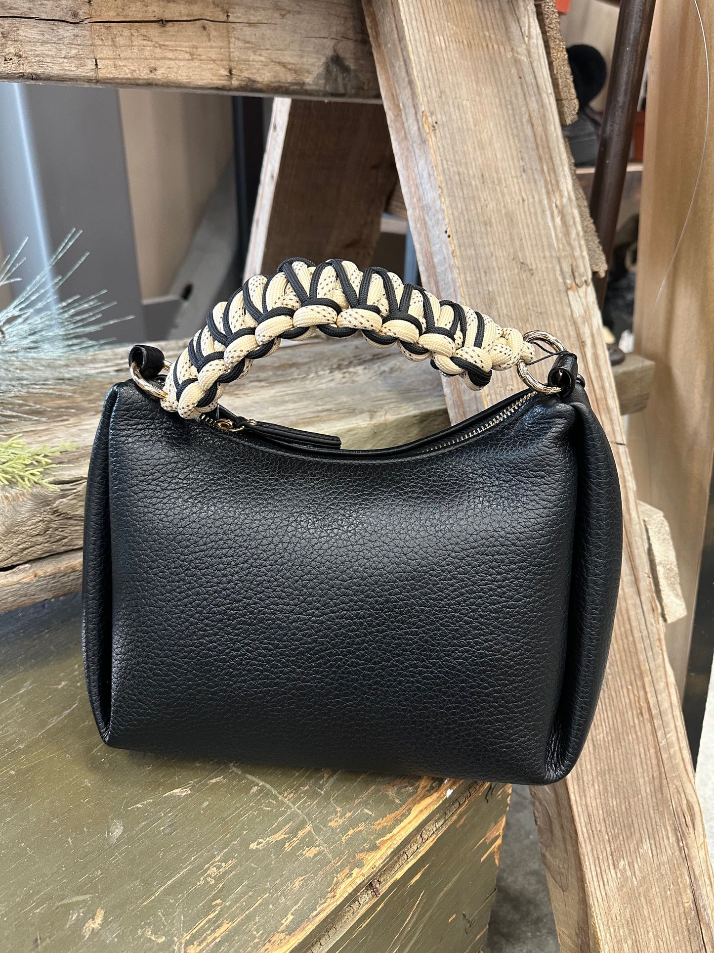 BLACK PURSE W WOVEN HANDLE AND STRAP FOR CROSSBODY