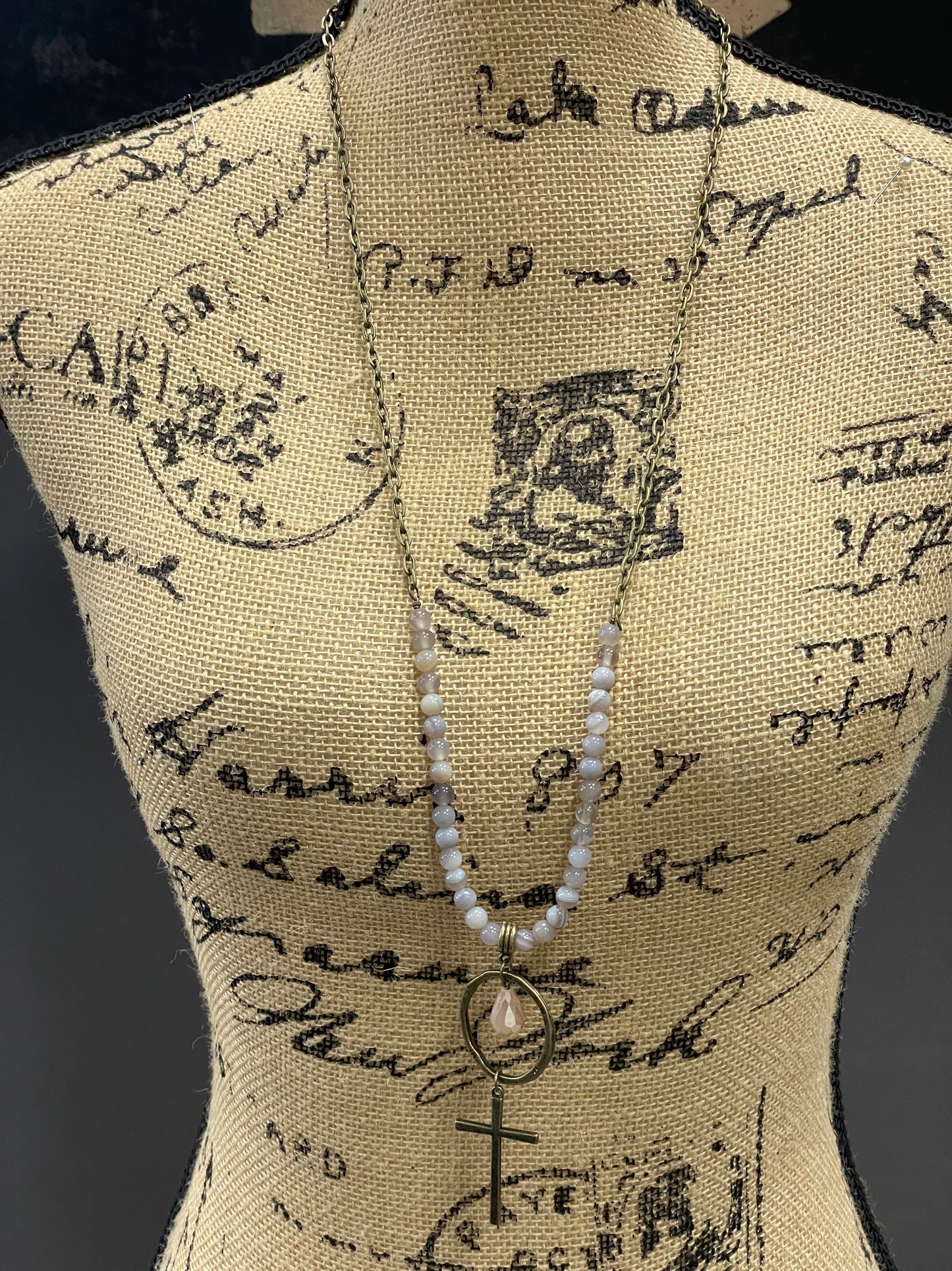 GIANA LONG NATURAL STONE NECKLACE W/A CRYSTAL & CROSS PENDANT