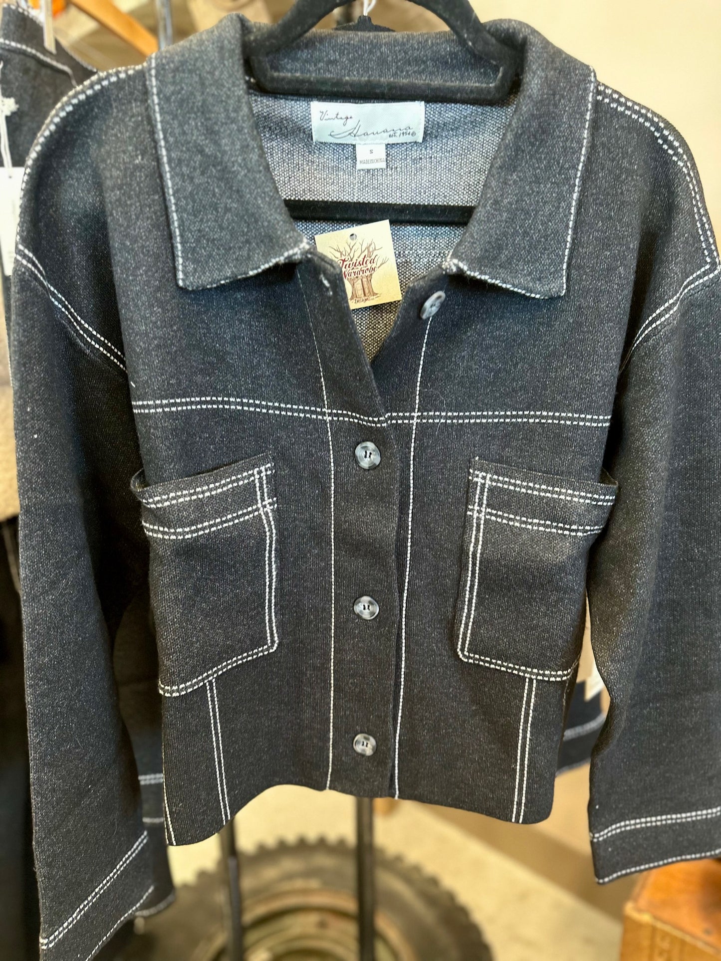 BLACK W/ IVORY SWEATER JACKET W/ CONTRAST STITCHING