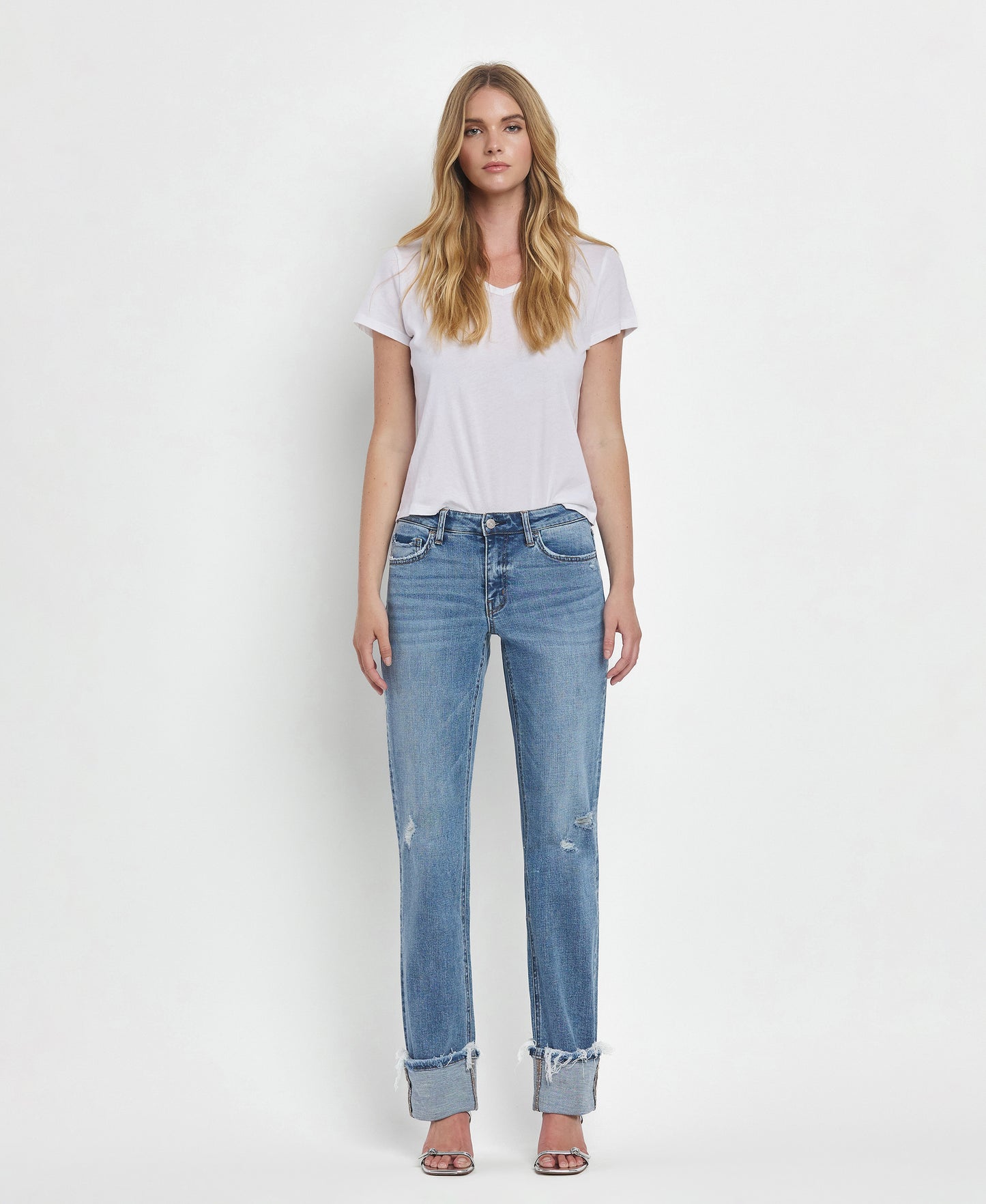 MID RISE CUFFED DENIM STRAIGHT LEG FULL LENGTH
