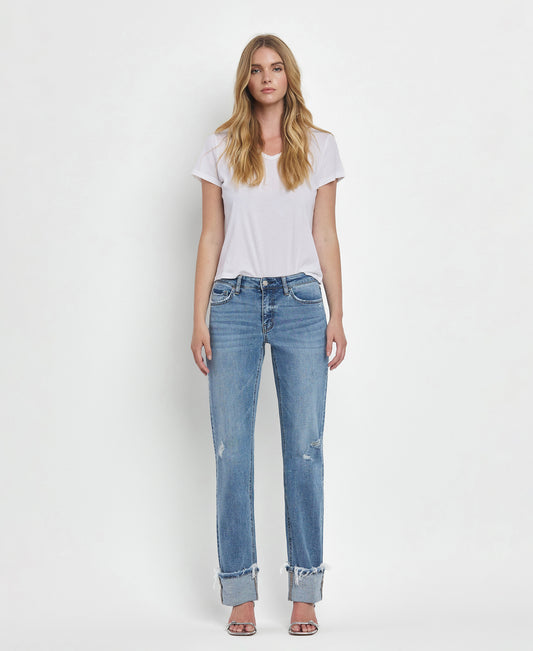 MID RISE CUFFED DENIM STRAIGHT LEG FULL LENGTH