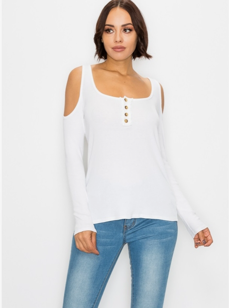 3 BUTTON SCOOP NECK COLD SHOULDER TOP