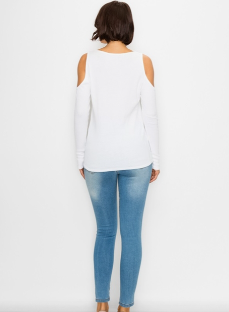 3 BUTTON SCOOP NECK COLD SHOULDER TOP