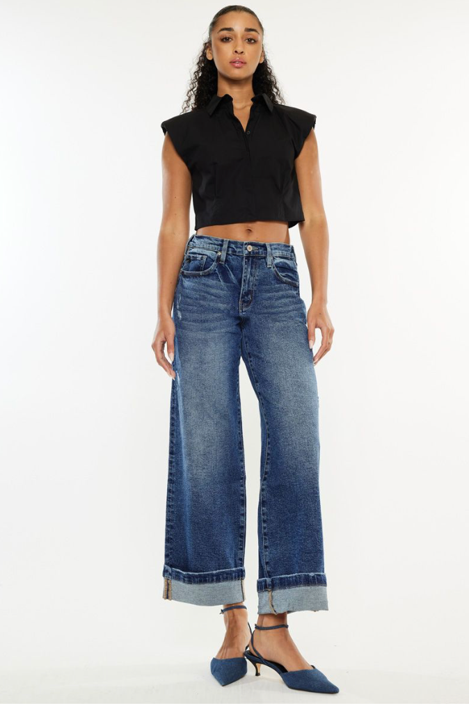 KANCAN CROPPED WIDE LEG JEAN, DARK WASH COMPORT STRETCH DENIM