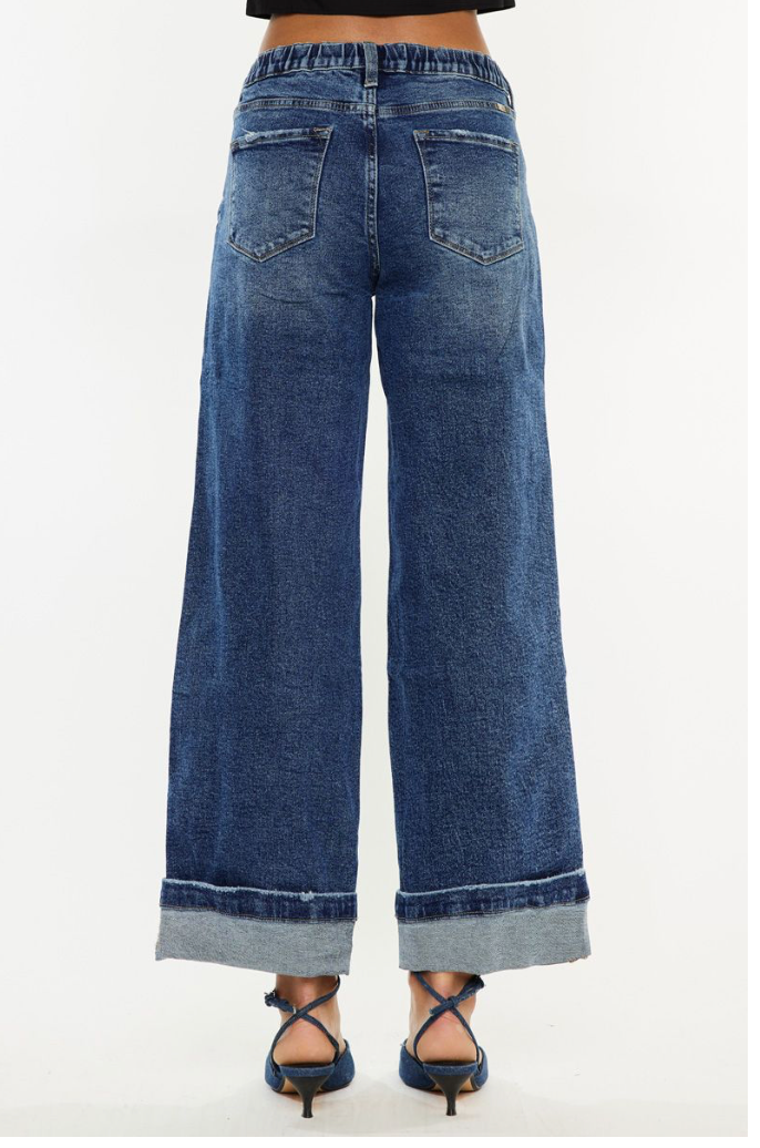 KANCAN CROPPED WIDE LEG JEAN, DARK WASH COMPORT STRETCH DENIM