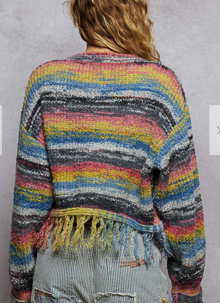MULTI COLOR BUTTON DOWN FRINGE SWEATER