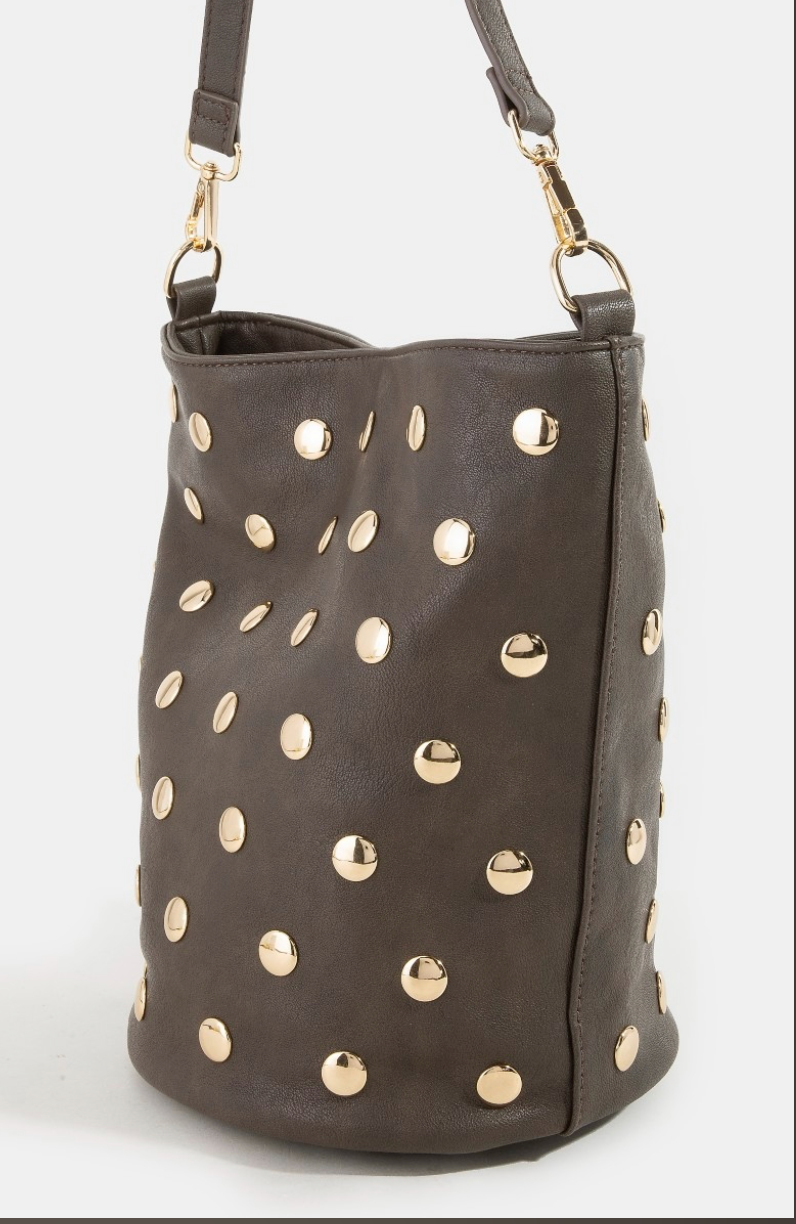 BUCKET BAG WITH UNIQUE STUDDED FAUX LEATHER