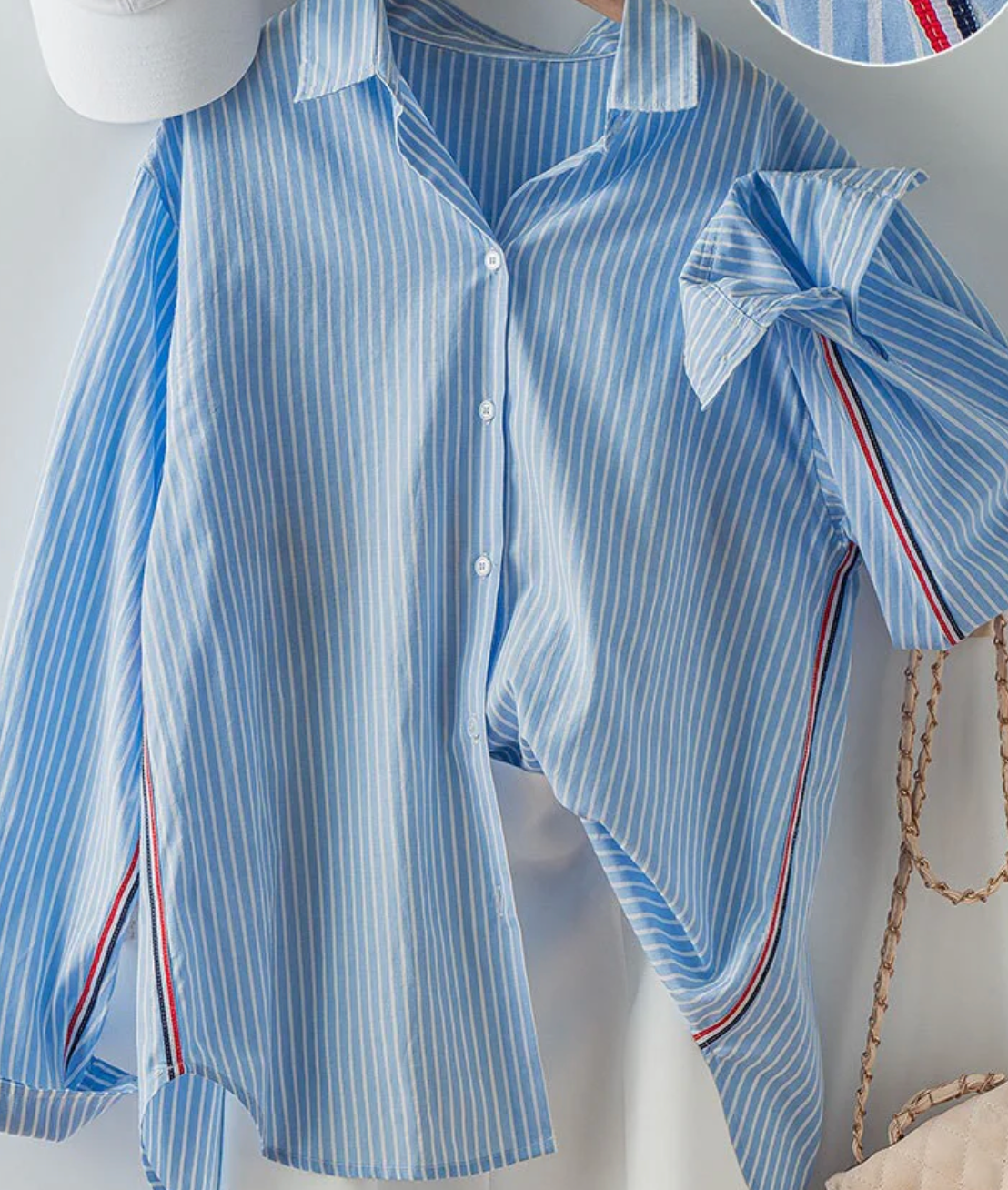 SUBTLE SIDE STRIPE DETAIL BUTTON DOWN BLOUSE