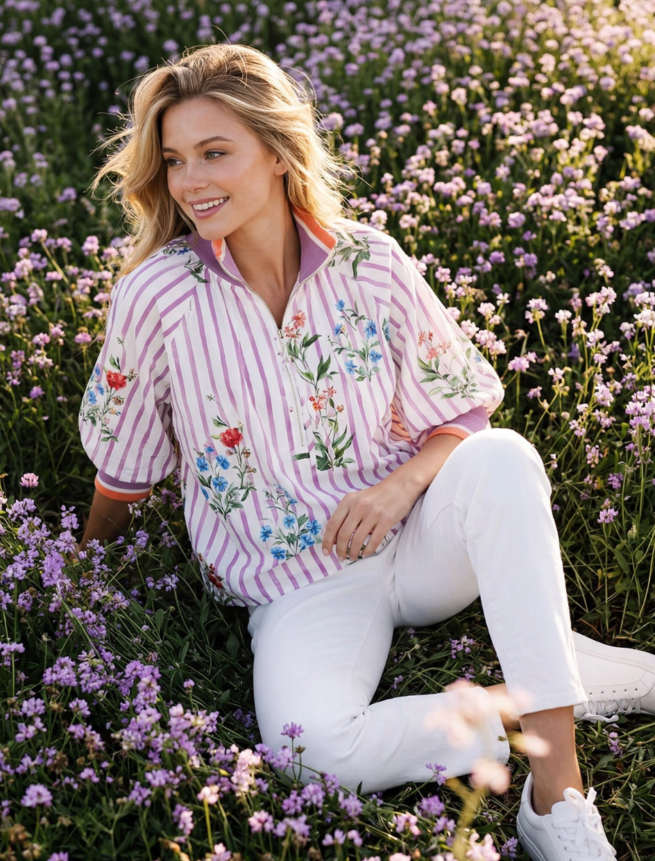 3/4 SLEEVE HALF ZIP PULLOVER PRINTED TOP