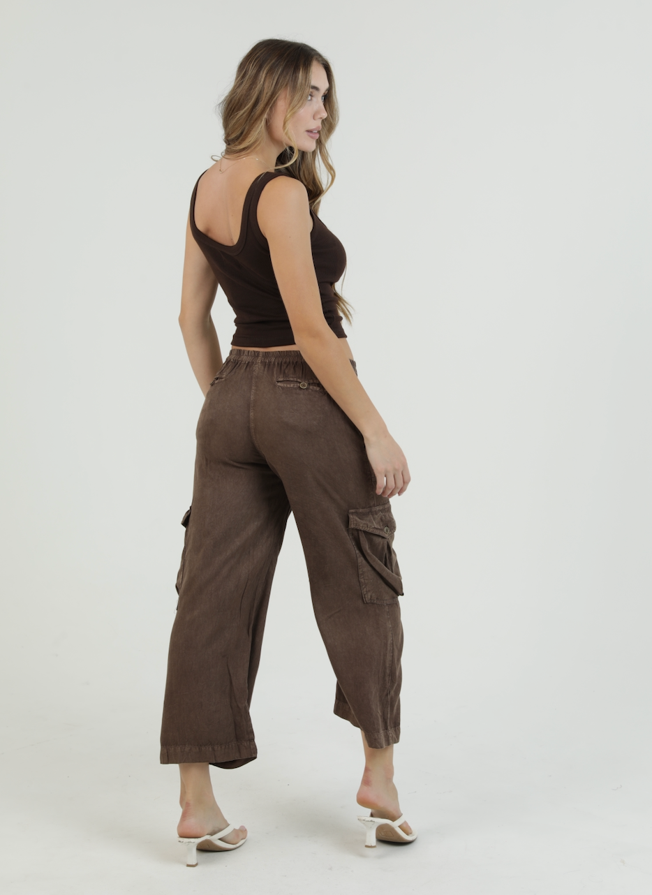 ACID WASH TIE WAIST CARGO PANT