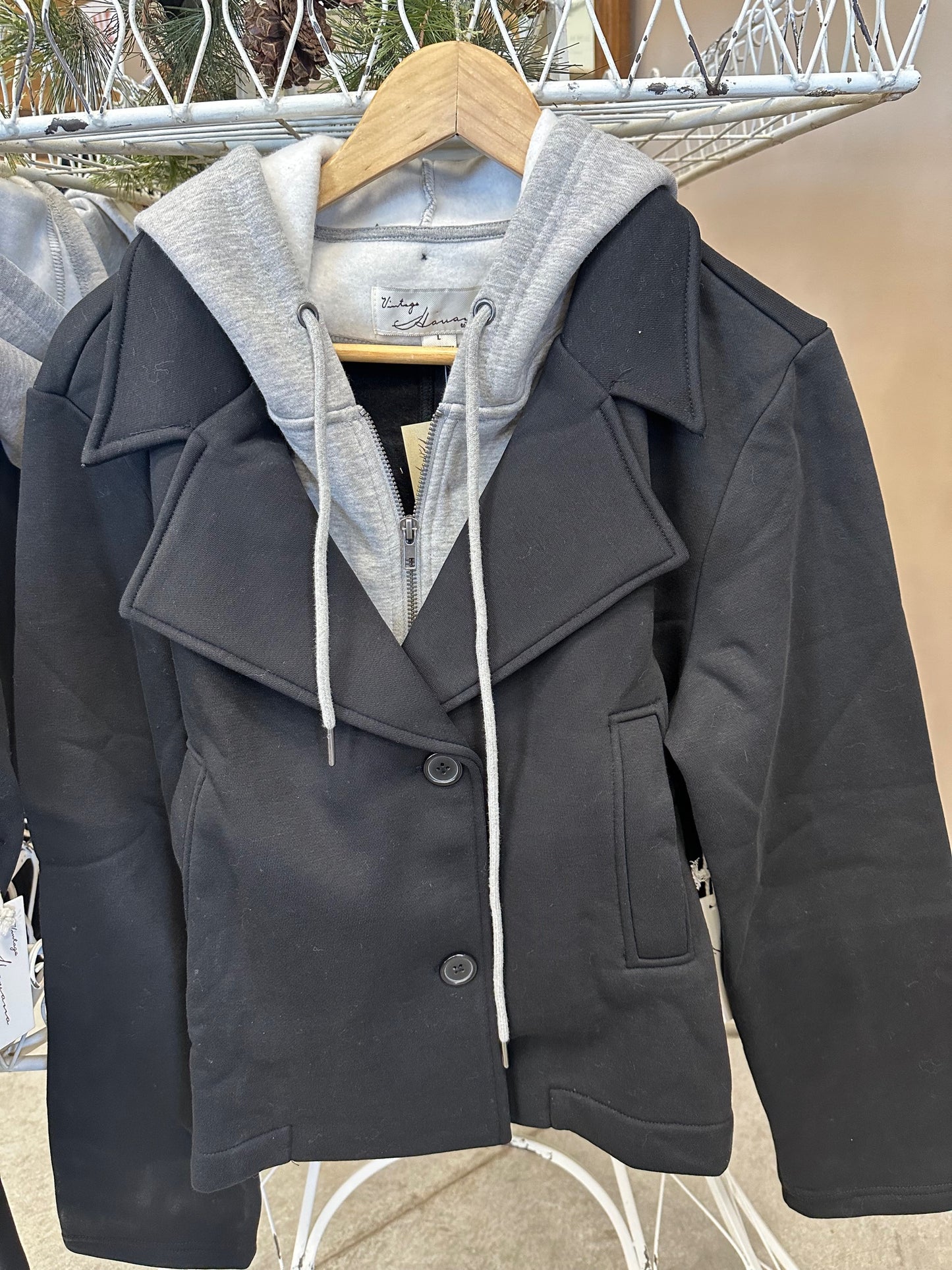 BLACK /HEATHER GREY COMFORT FLEECE BLAZER W/ REMOVABLE HOODIE INSERT