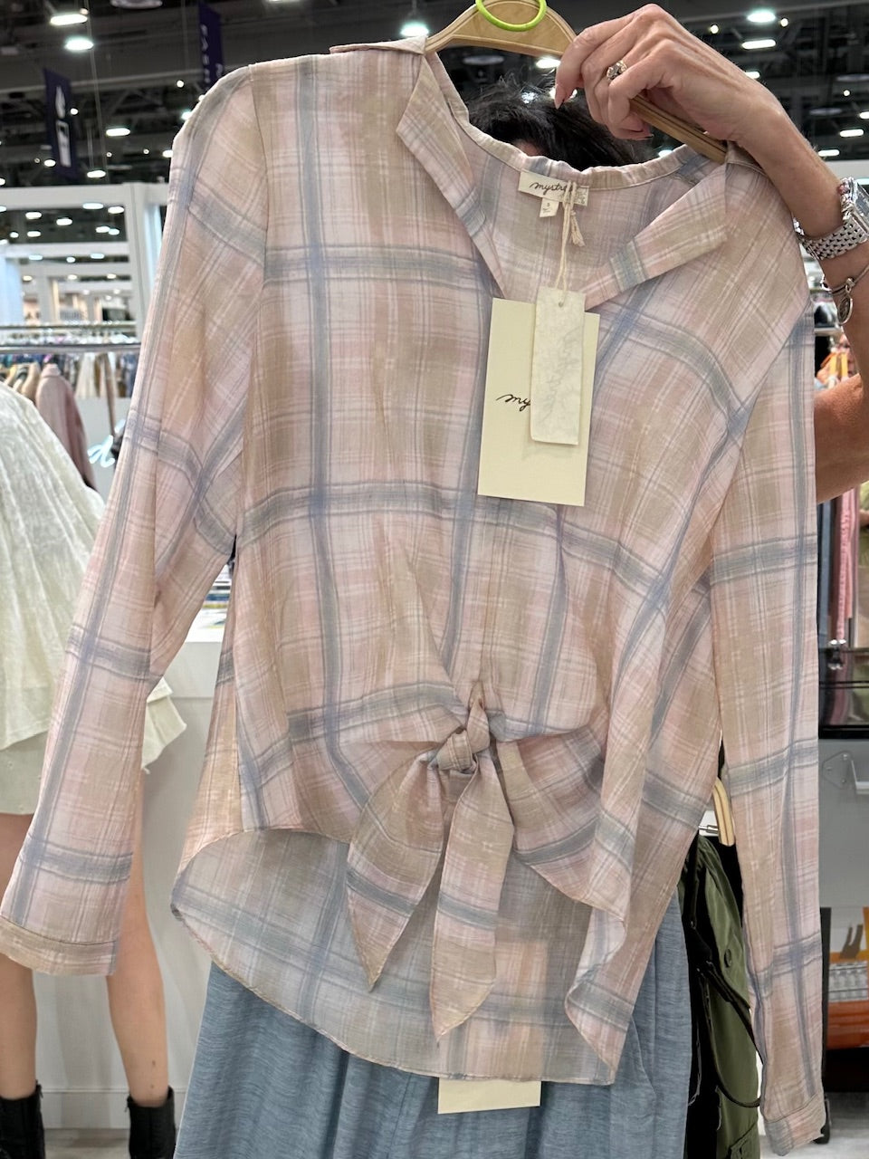 PLAID FRONT TIE LONG SLEEVE TOP