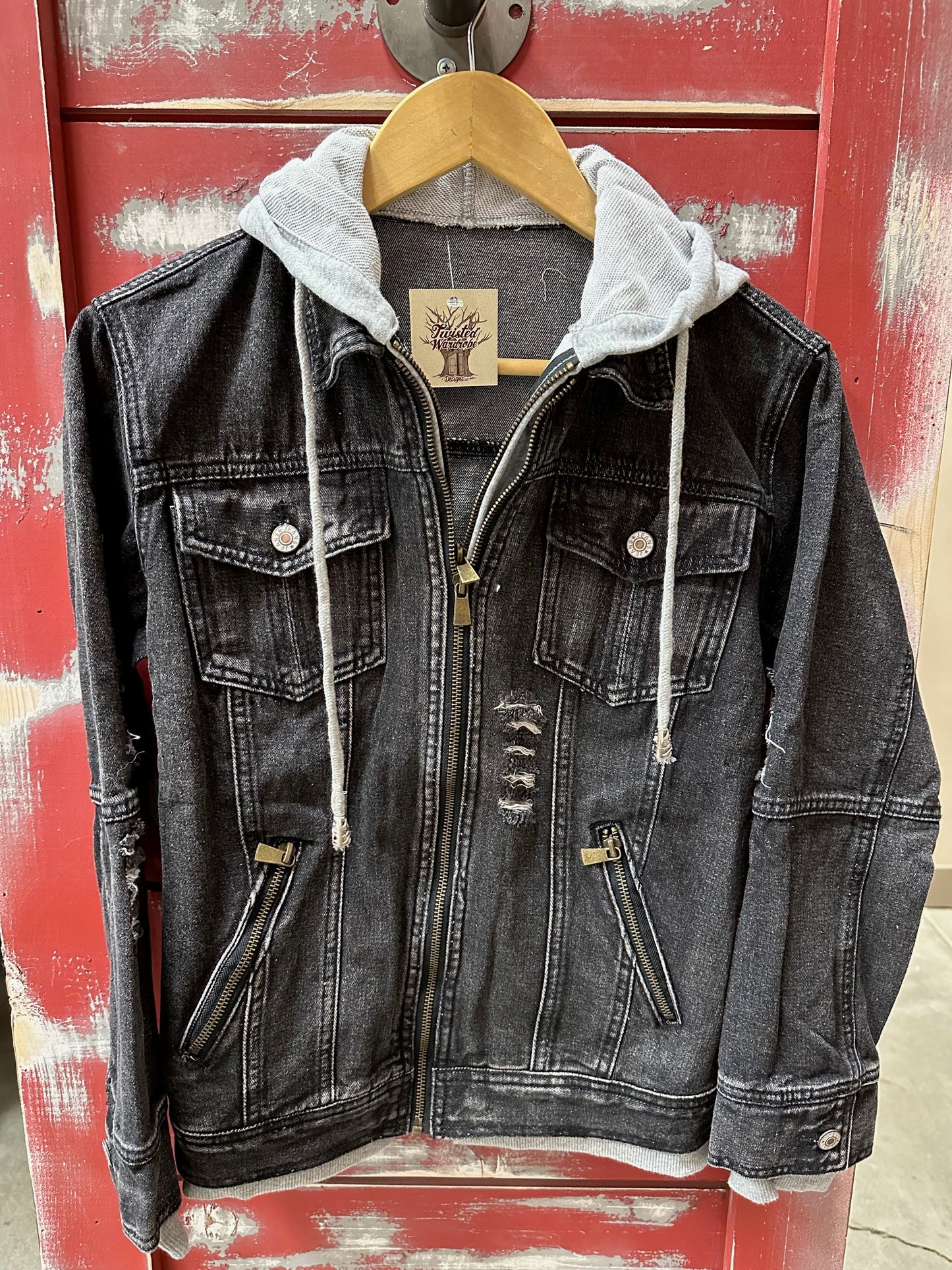 BLACK HOODED ZIP UP DENIM JACKET