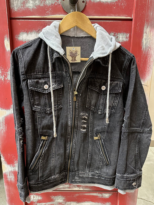 BLACK HOODED ZIP UP DENIM JACKET