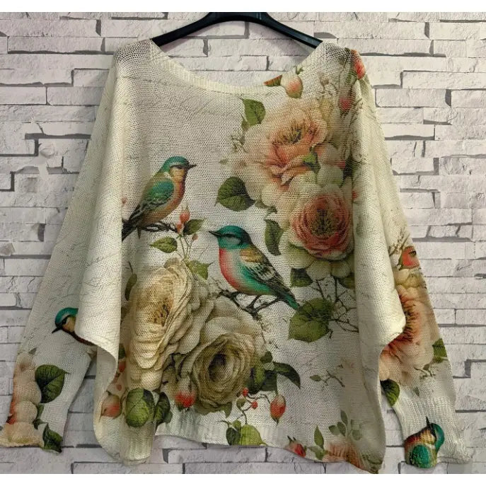 BIRDS ROUND NECK KNIT PRINTED TOP