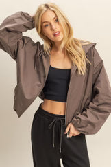 HOODED ZIP UP JACKET W/ ELASTIC HEM DETAIL