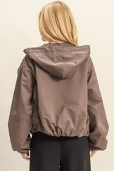 HOODED ZIP UP JACKET W/ ELASTIC HEM DETAIL