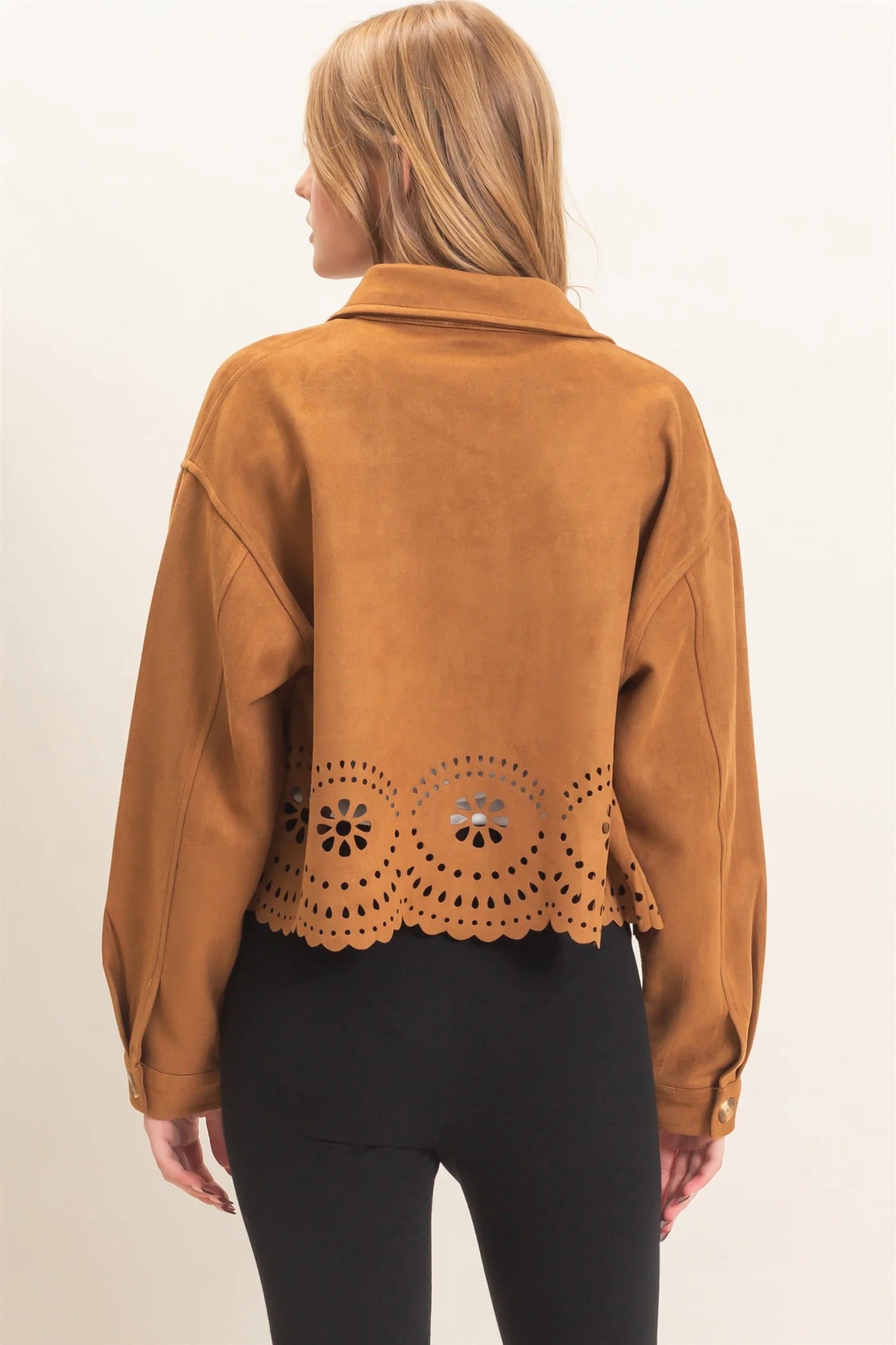FAUX SUADE JACKET WITH LASER CUT HEM