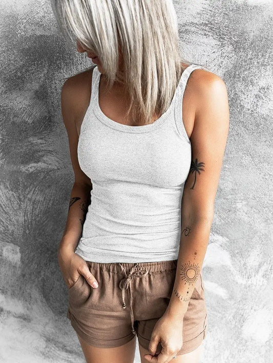 SOLID COLOR ROUND NECK RIBBED SLIM FIT TANK TOP