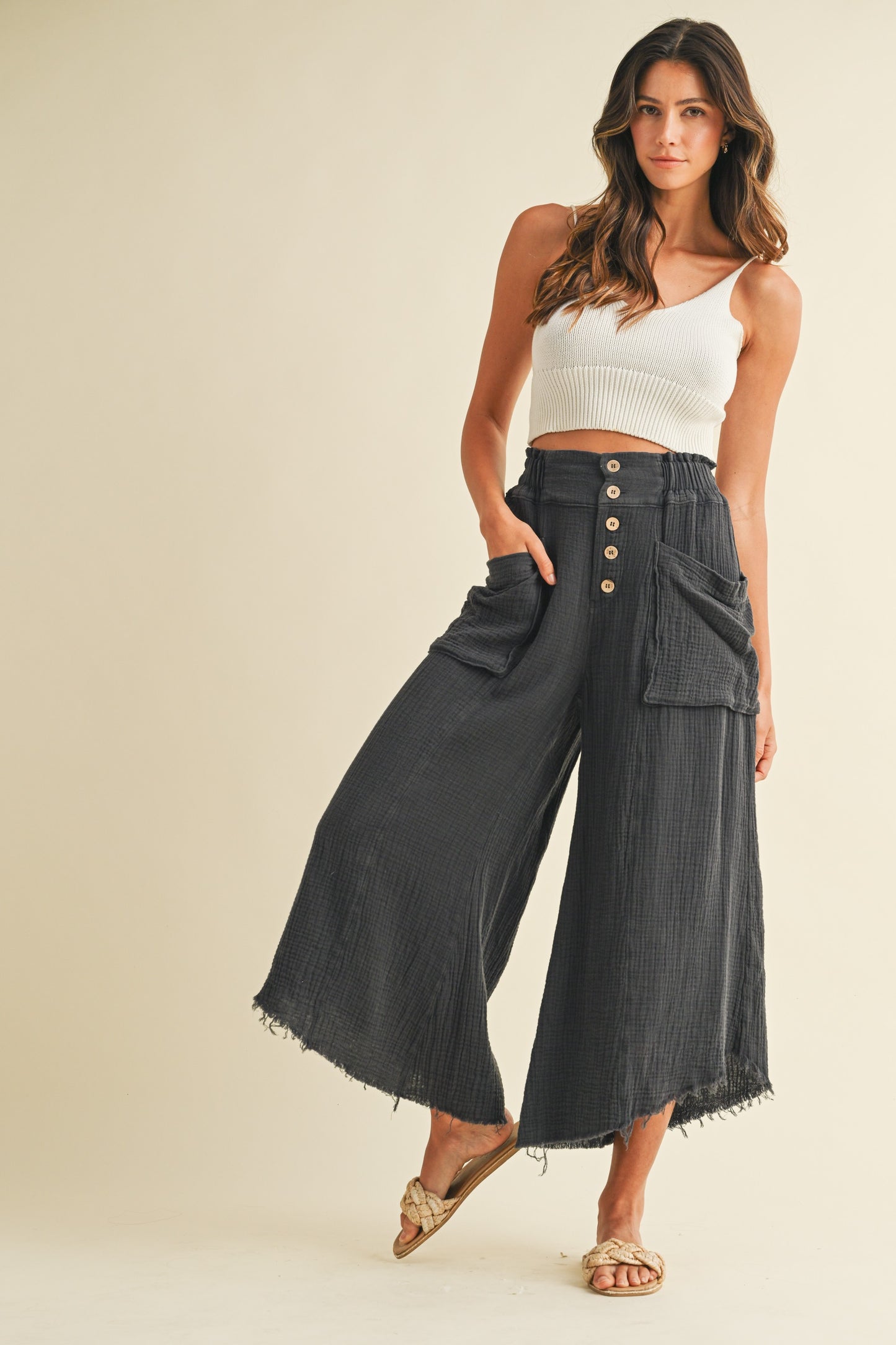 WASHED COTTON GAUZE PALAZZO PANTS