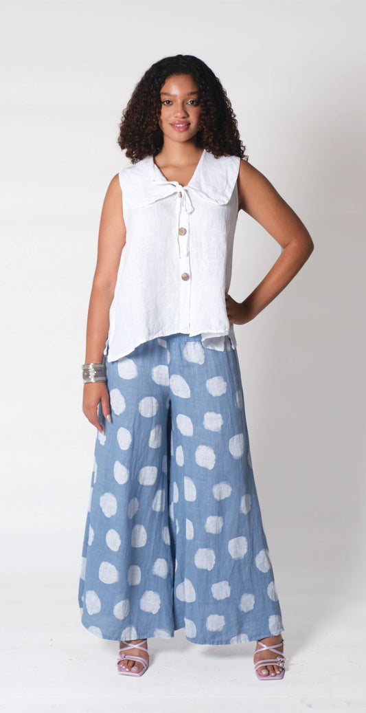 SMOCKED POLKADOT LINEN PALAZZO PANTS