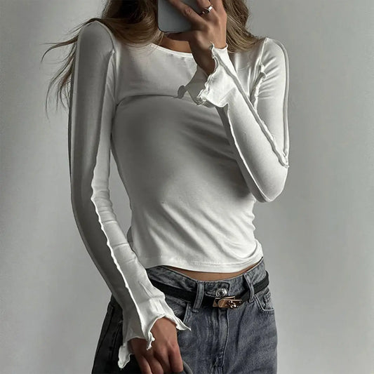 SOLID COLOR CREW NECK SLIM LONG SLEEVE TOP