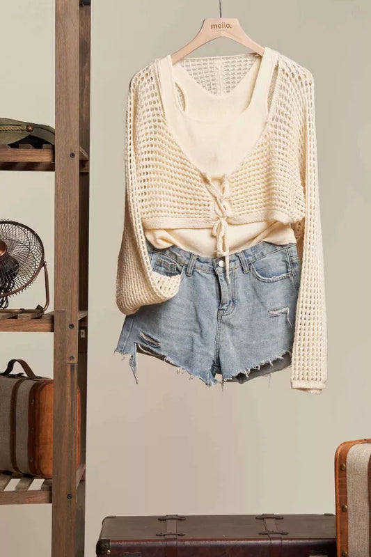 CROCHET TOP LONG SLEEVE SWEATER W/ TANK