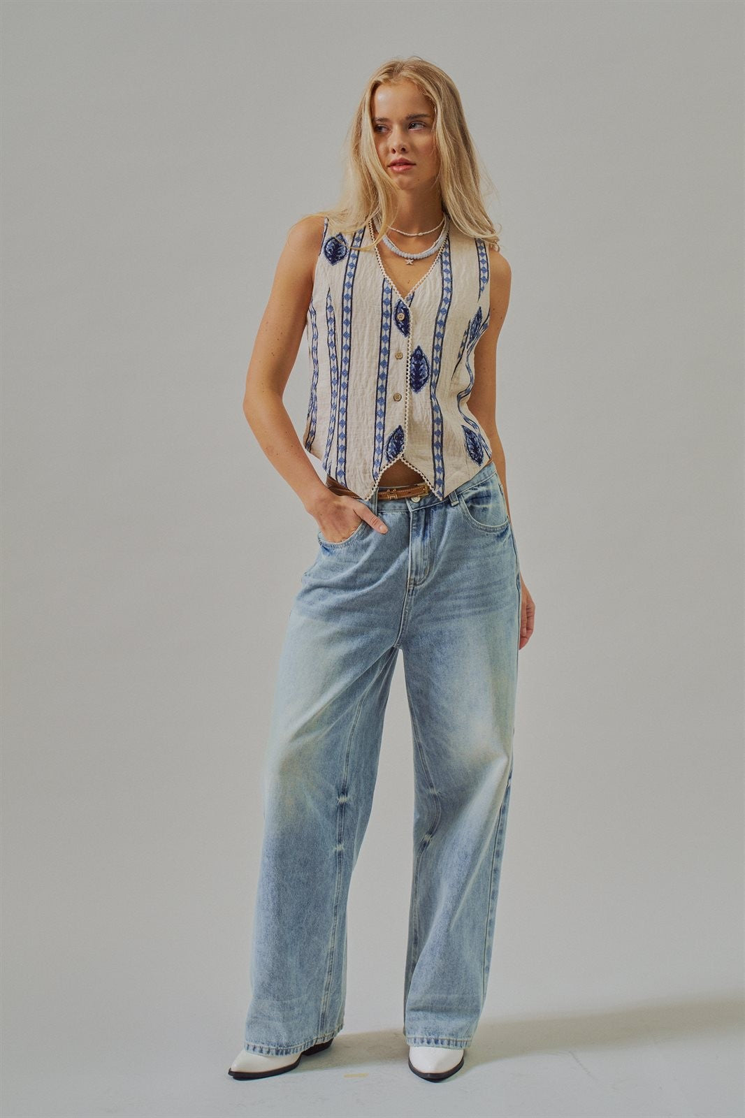 MALTA STRIPE EMBROIDERED CAMP VEST TOP