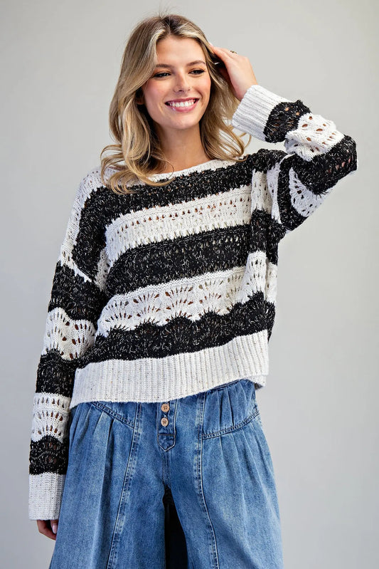 STRIPED CROCHET SWEATER WITH BOAT NECK