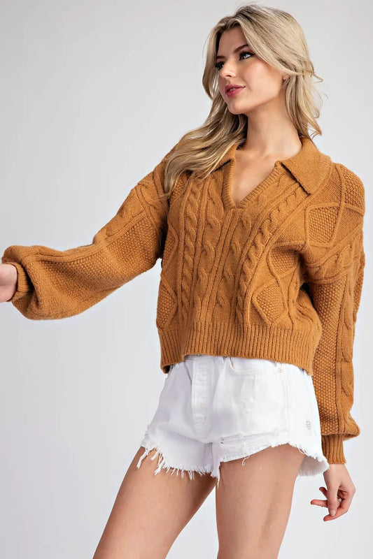 CROPPED SWEATER LONG SLEEVE COLLARED V-NECK RIBBED CUFF CREATING BUBBLE SLEEVES