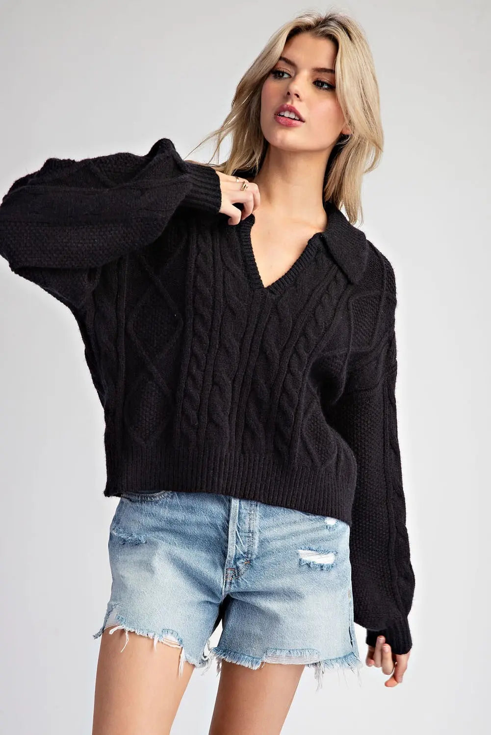 CROPPED SWEATER LONG SLEEVE COLLARED V-NECK RIBBED CUFF CREATING BUBBLE SLEEVES