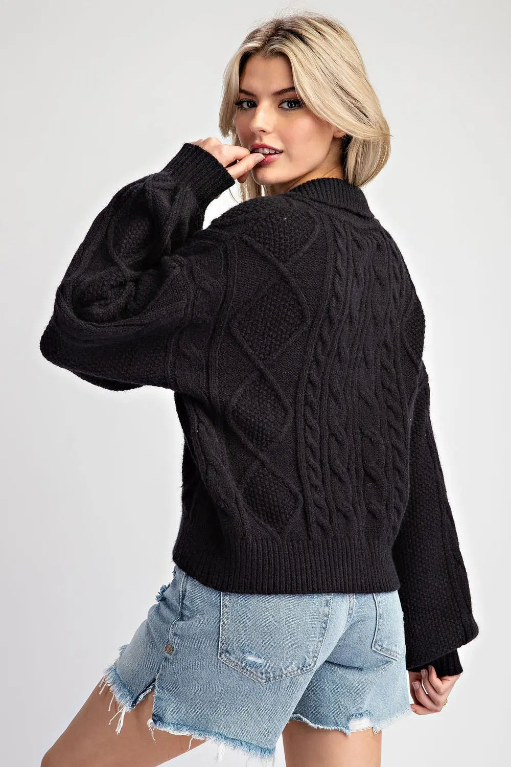 CROPPED SWEATER LONG SLEEVE COLLARED V-NECK RIBBED CUFF CREATING BUBBLE SLEEVES