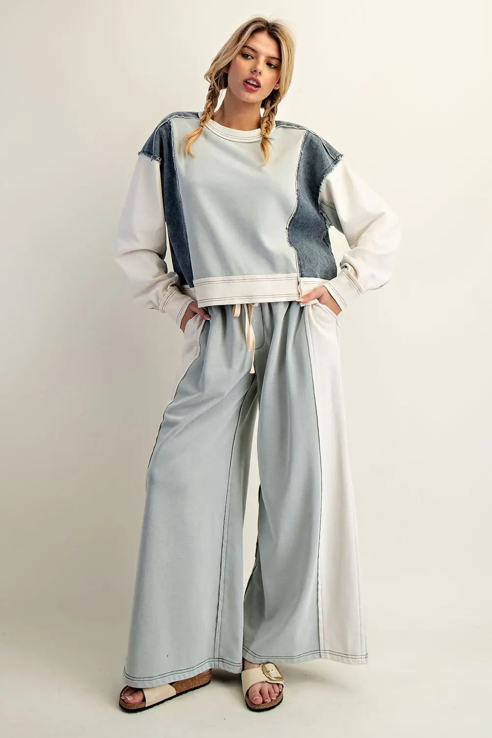BLOCK DENIM DRAWSTRING PANTS