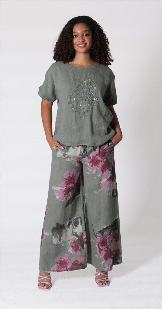 PULL ON WIDE LEG LINEN PANT WITH BELT AND FRONT POCKETS