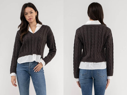 LAYERED V-NECK CABLE KNIT SWEATER