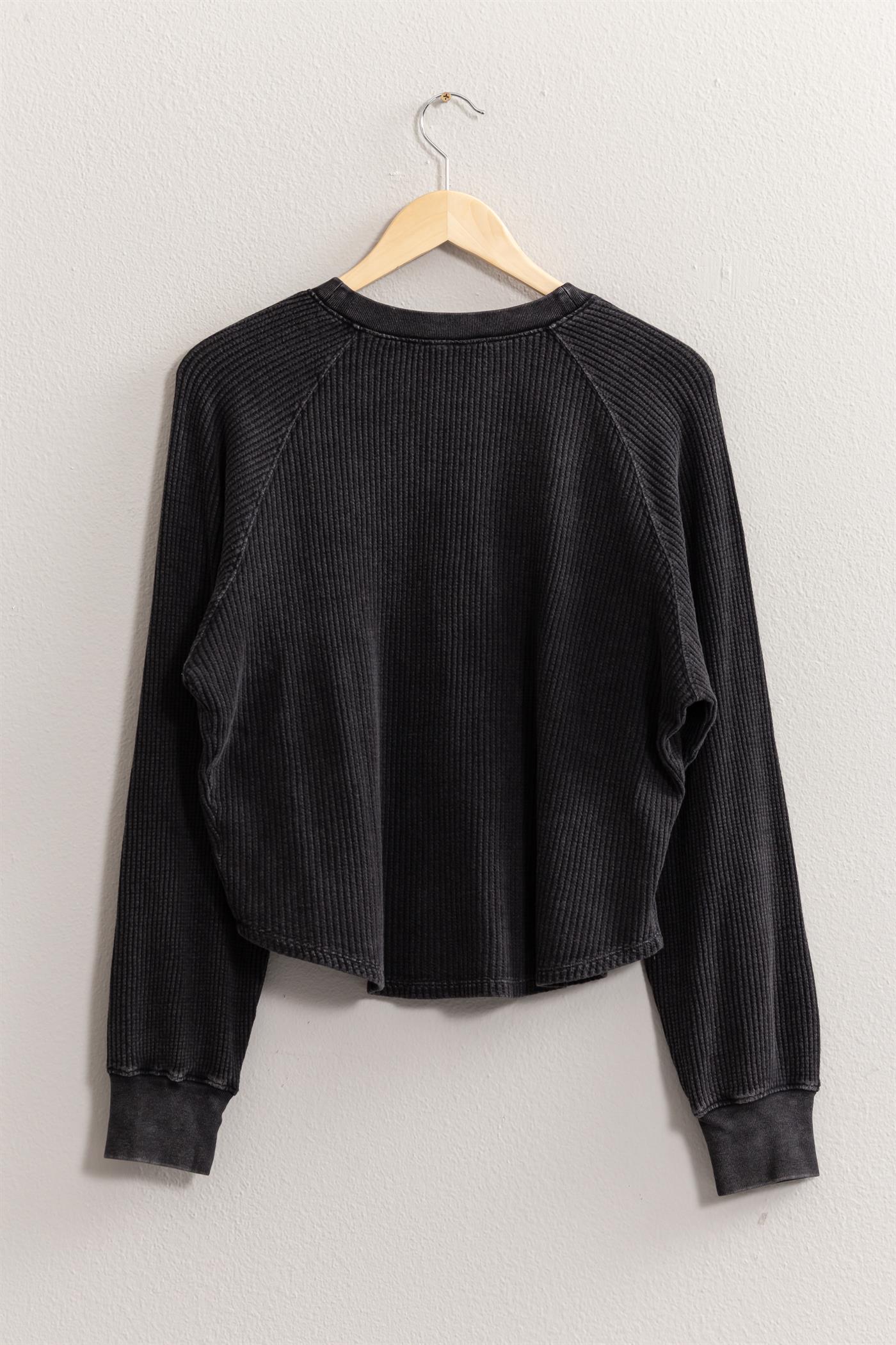 WAFFLE KNIT QUARTER BUTTON DOWN LONG SLEEVE TOP.