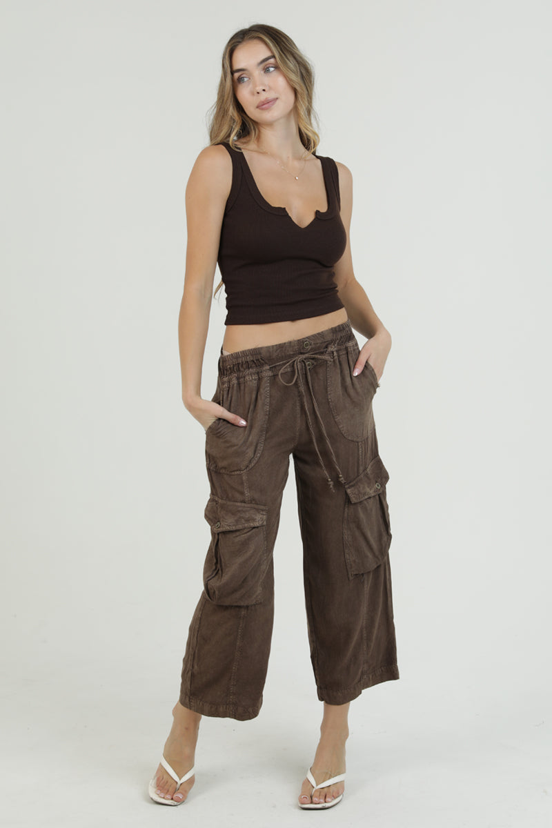 ACID WASH TIE WAIST CARGO PANT