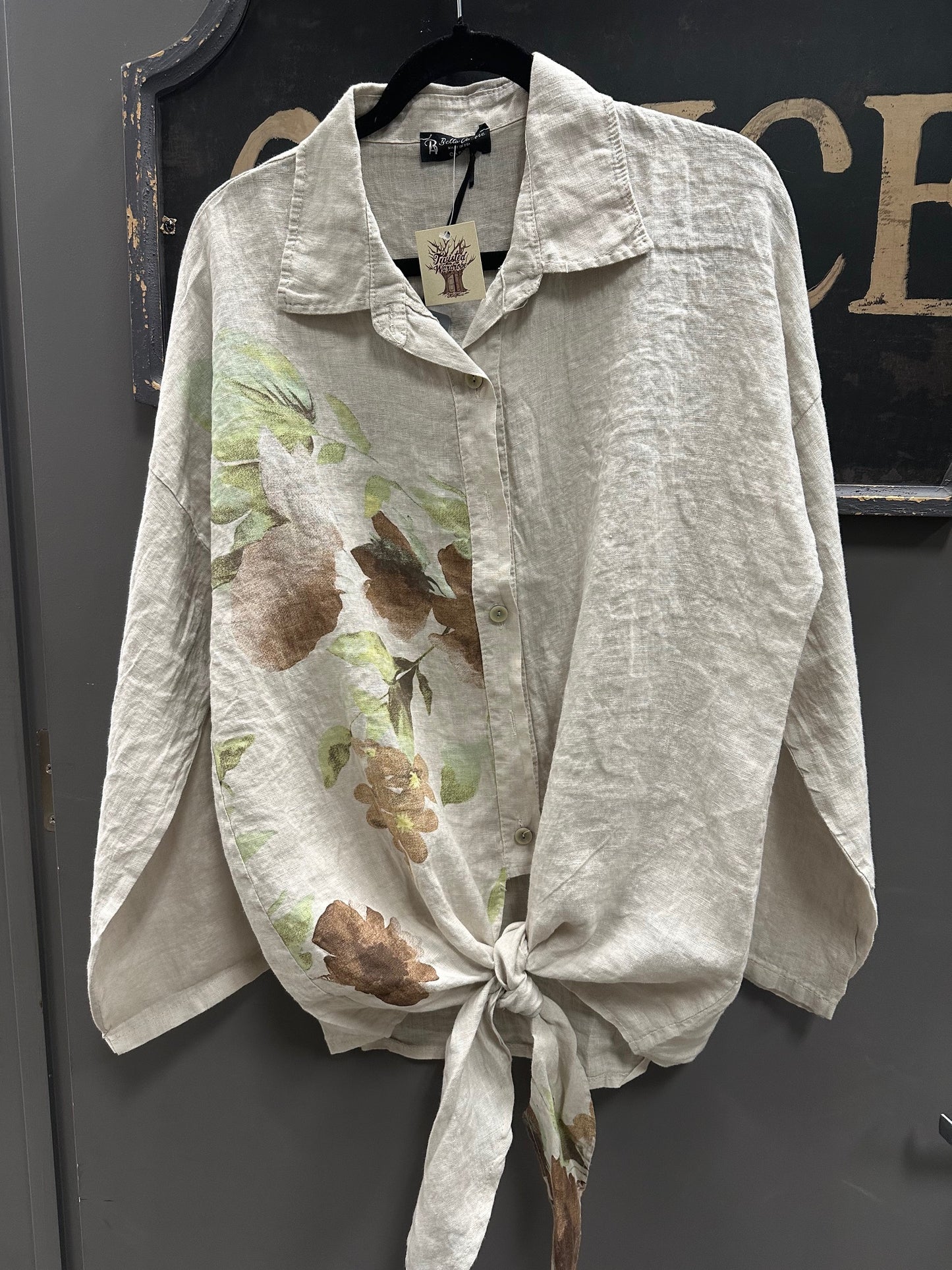 TIE FRONT BUTTON DOWN LINEN PRINT SHIRT/ JACKET