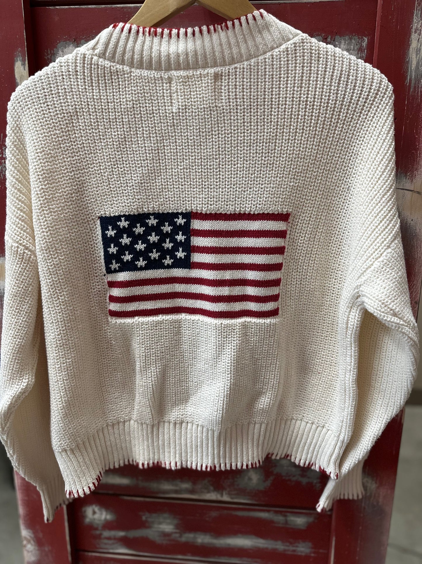 LONG SLEEVE KNIT CARDIGAN W/  AMERICAN FLAG ON BACK