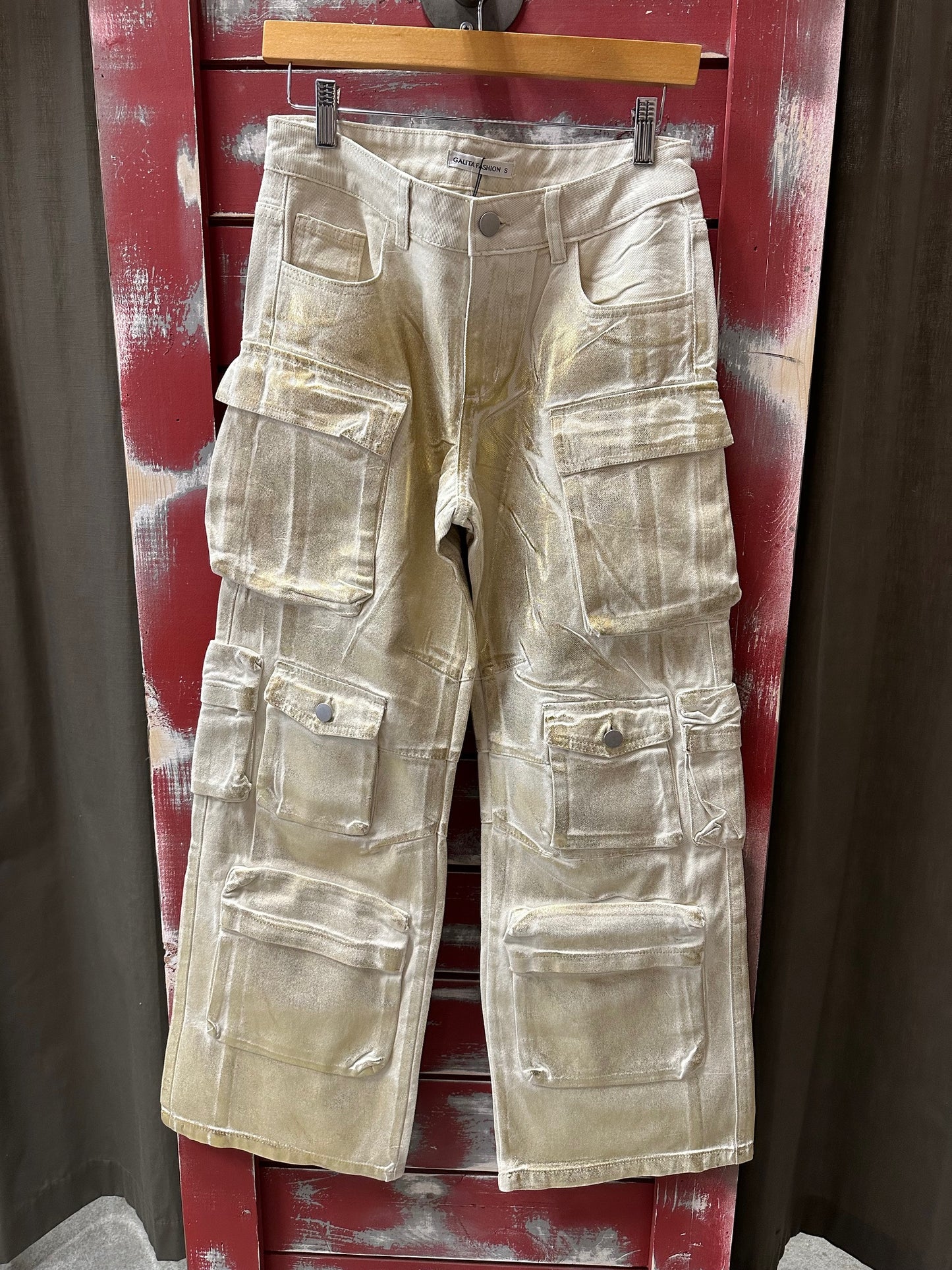 GOLD METALLIC DENIM WIDE LEG CARGO PANT