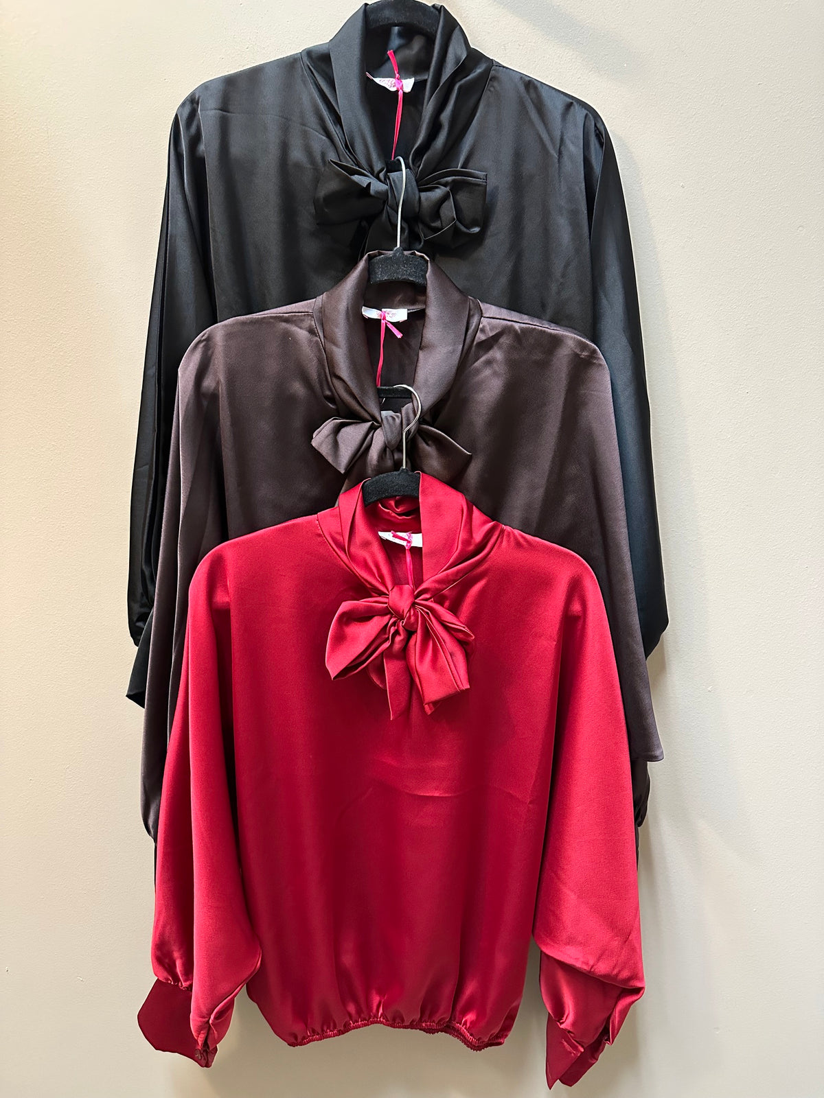 SATIN BOW-TIE MOCK NECK LONG SLEEVE BLOUSE
