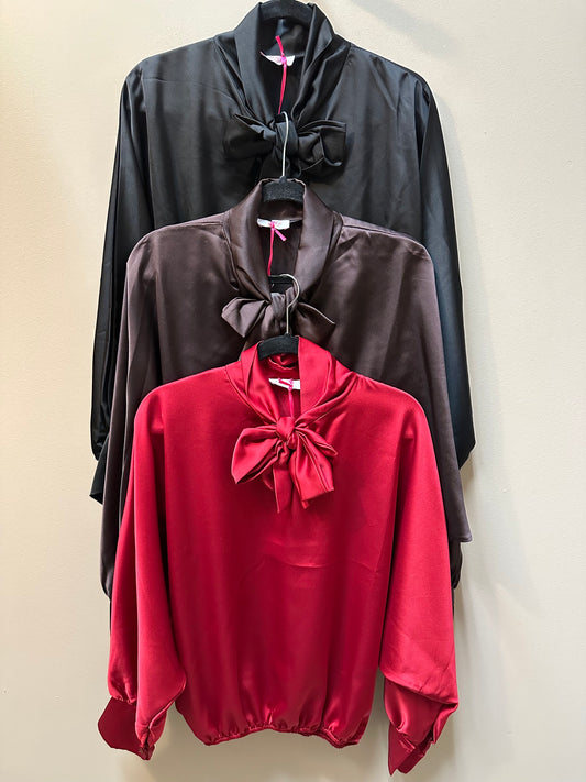 SATIN BOW-TIE MOCK NECK LONG SLEEVE BLOUSE